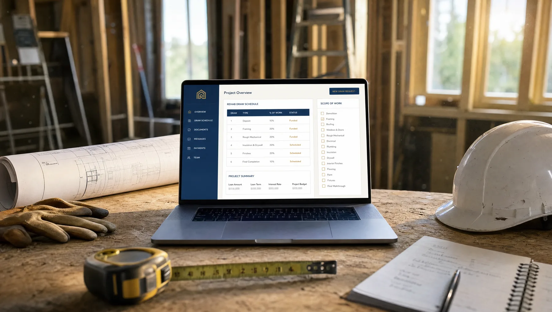 Operator workspace with construction plans and the 818 Dealroom draw schedule